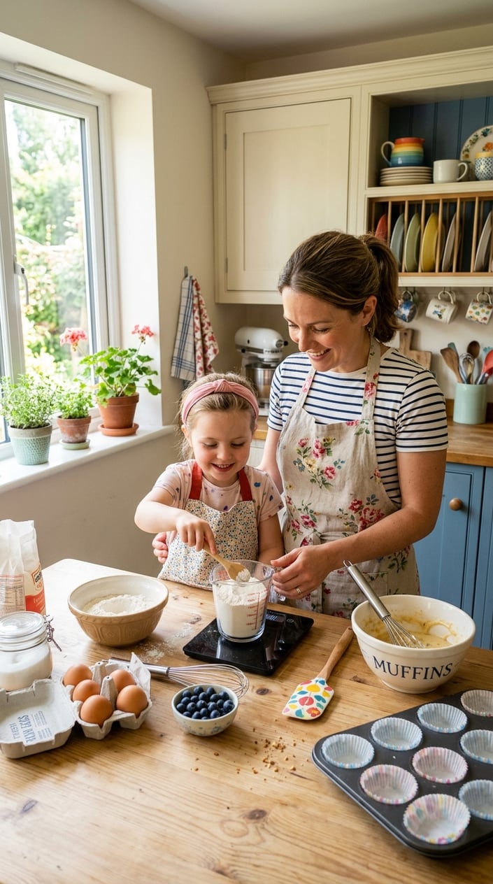 A parent and child measuring ingredients and baking muffins together in a kitchen.