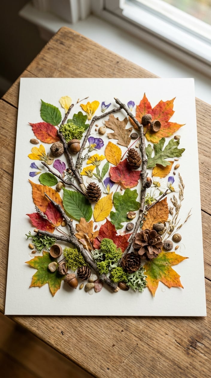 A nature collage made from leaves, twigs, acorns, pinecones, and flower petals arranged on a white surface.