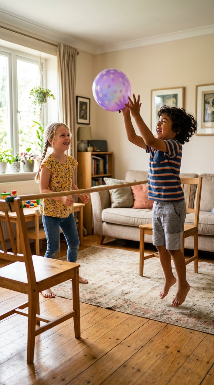 Two children playing balloon volleyball indoors using a broom handle as a net, smiling and hitting a colorful balloon back and forth.