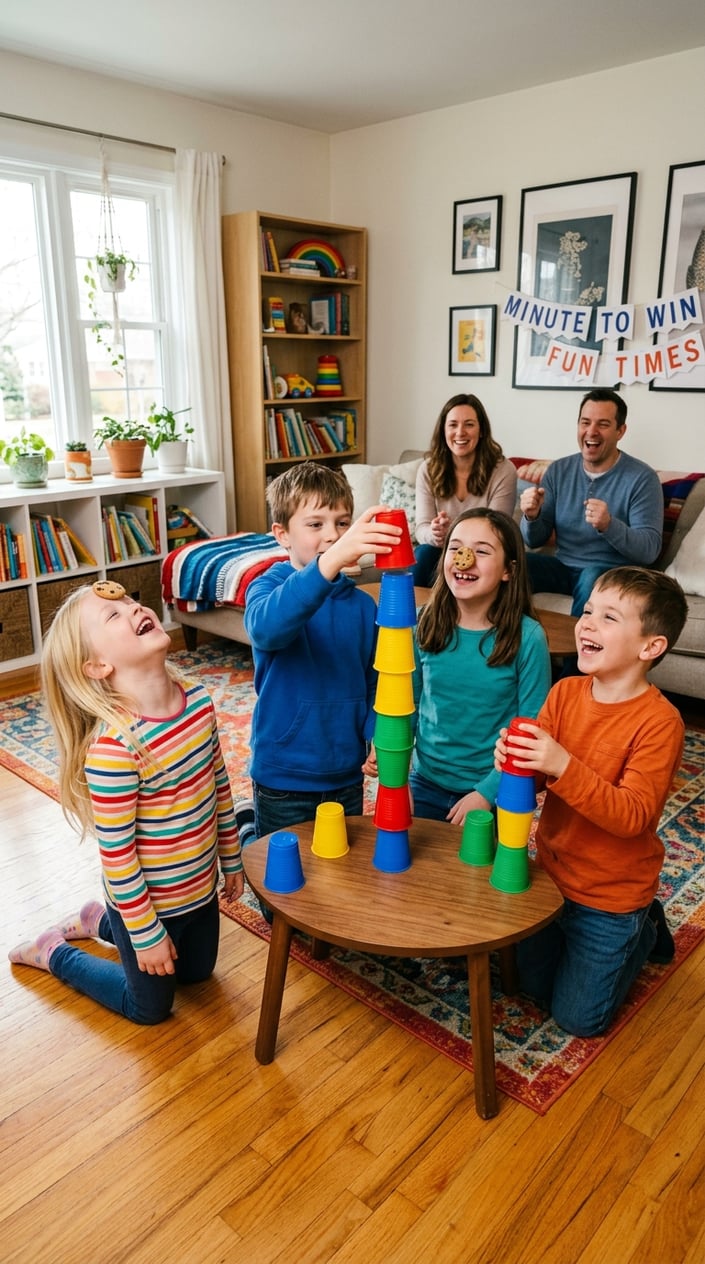 Children playing silly challenges at home, stacking cups and balancing cookies on their faces, with adults watching nearby.