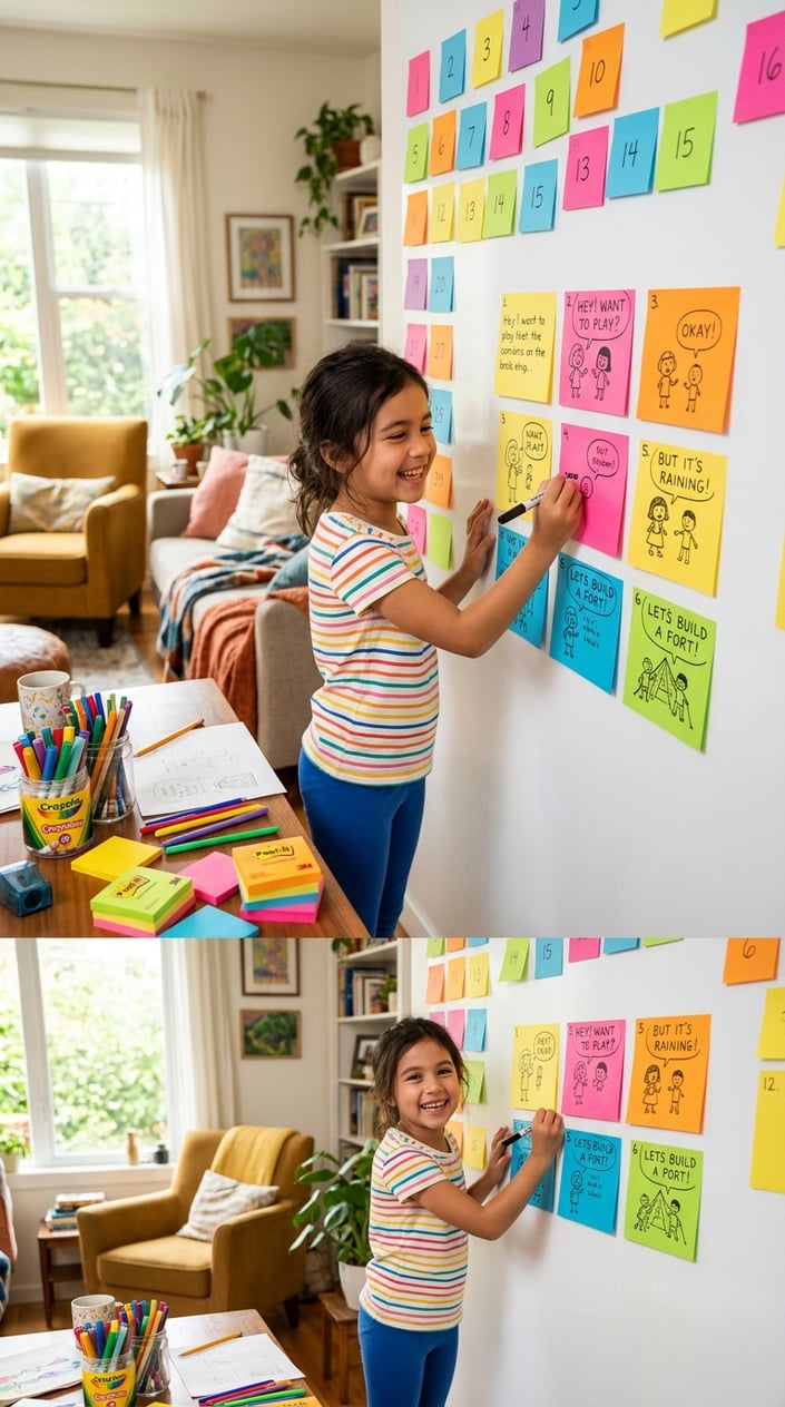 A child arranging colorful sticky notes on a wall to create a comic strip in a bright and cozy living room.