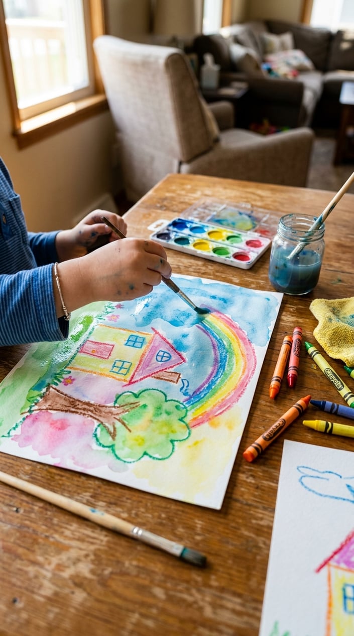 A child's hands painting colorful artwork with crayons and watercolors on a wooden table surrounded by art supplies.