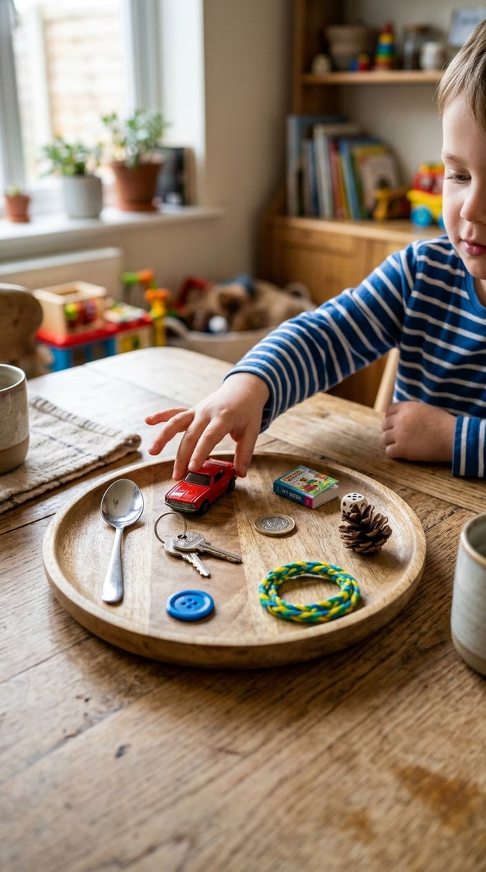 A child's hand reaching toward a tray with assorted household items arranged for a memory game on a wooden table.