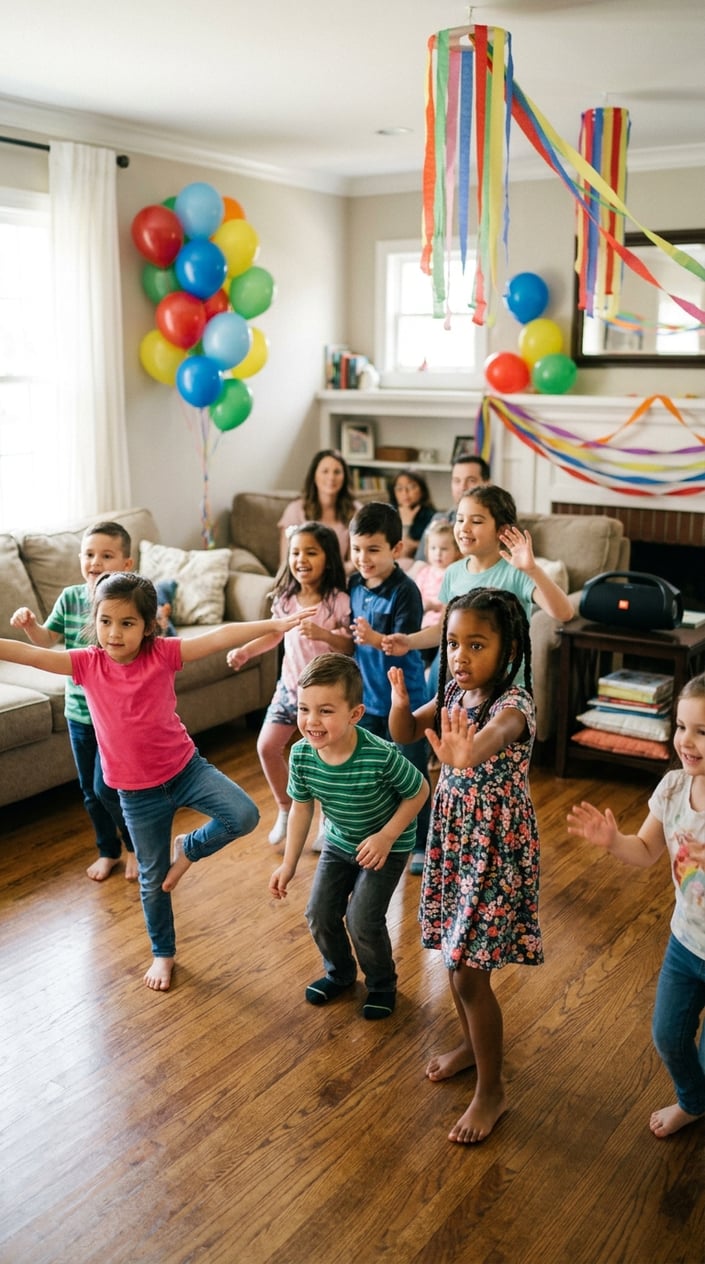Children dancing and playing freeze-dance in a decorated living room during a lively indoor party.