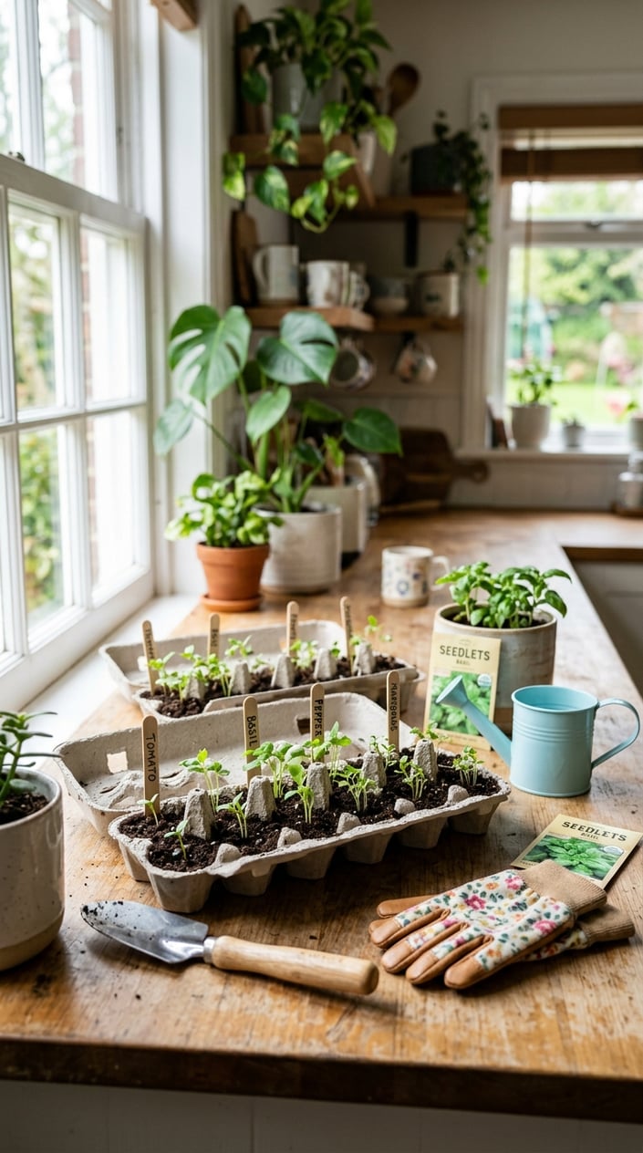 Close-up of an egg carton filled with soil and young seedlings growing indoors on a wooden surface with gardening tools nearby.
