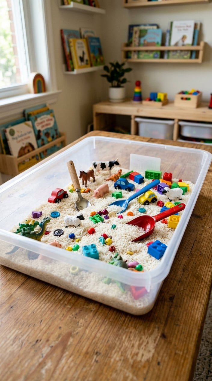 A sensory bin filled with white rice, small toys, and spoons arranged on a table.