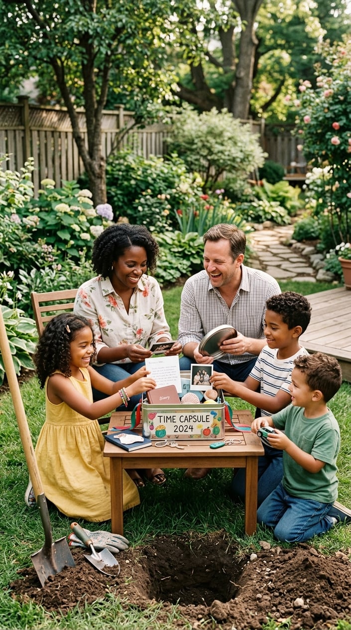 A family in their backyard burying a time capsule together, surrounded by greenery and gardening tools.