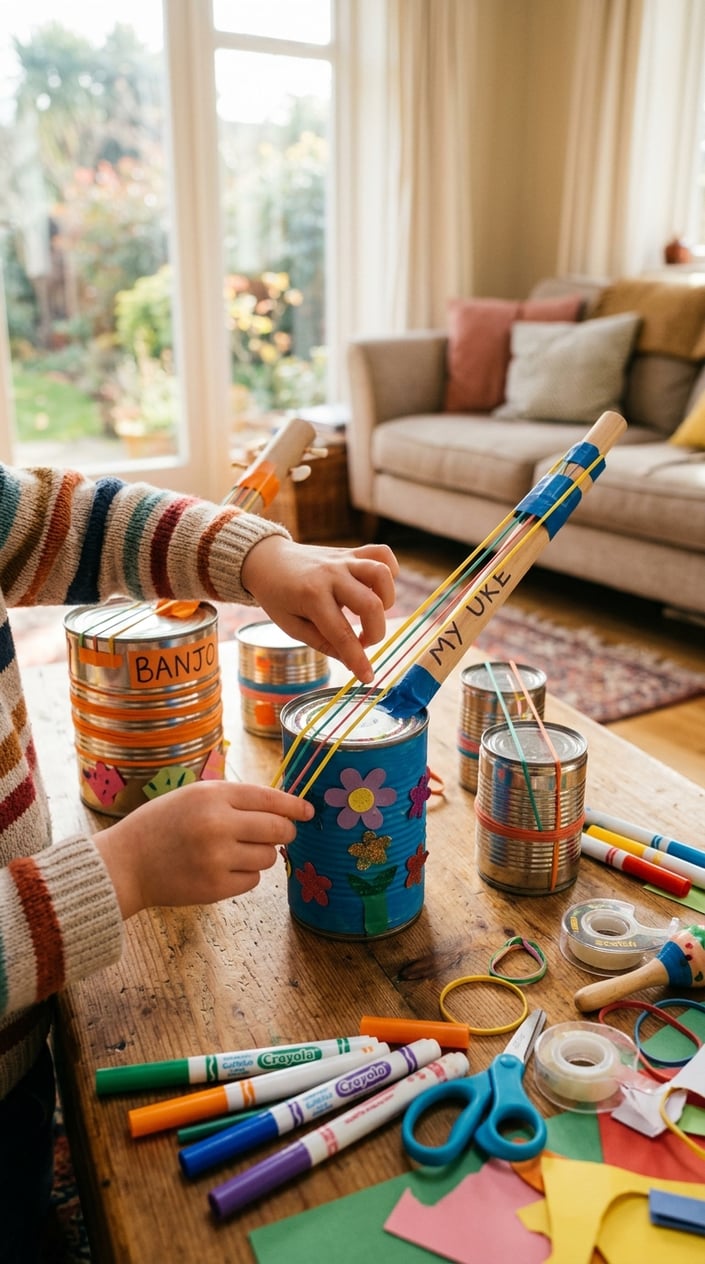 Child's hands playing homemade musical instruments made from tin cans and rubber bands on a table with crafting supplies.