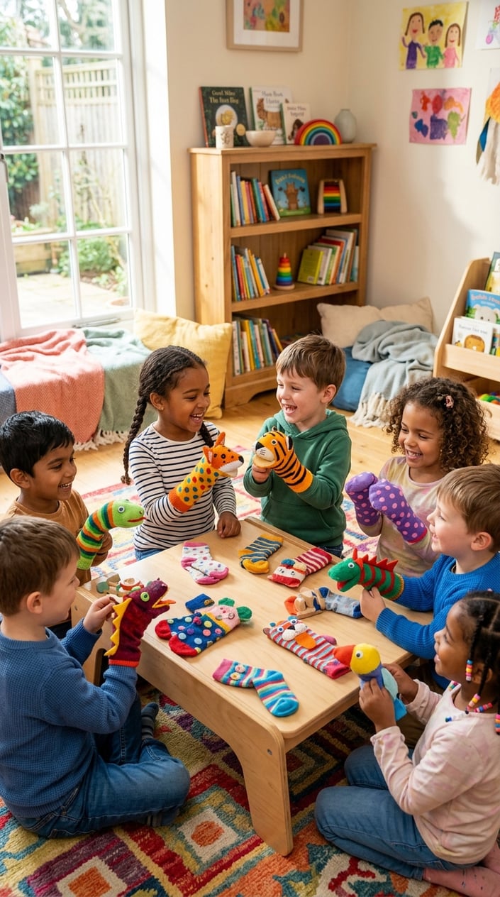 Children playing with colorful sock puppets, sitting together and sharing stories in a cozy room.