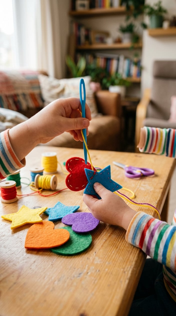 Child's hands sewing colorful felt shapes with a plastic needle on a wooden table.
