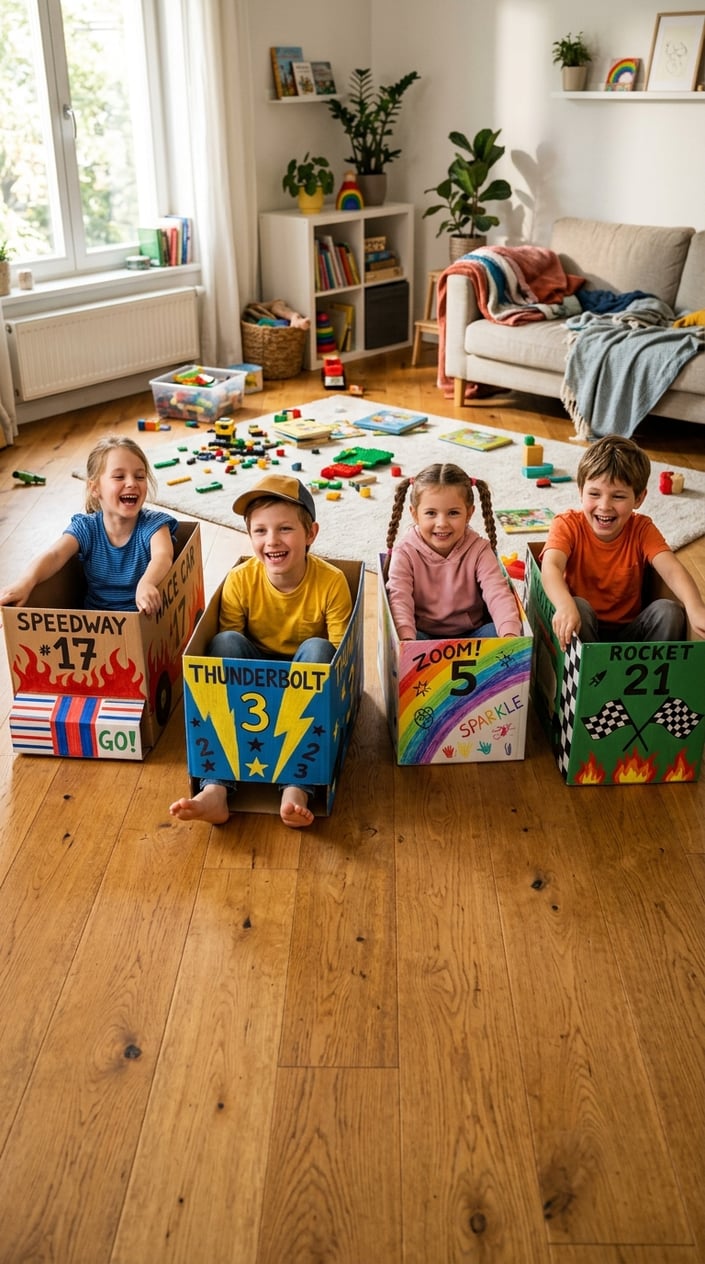 Children having fun racing in cardboard box cars decorated with colorful marker drawings inside a living room.