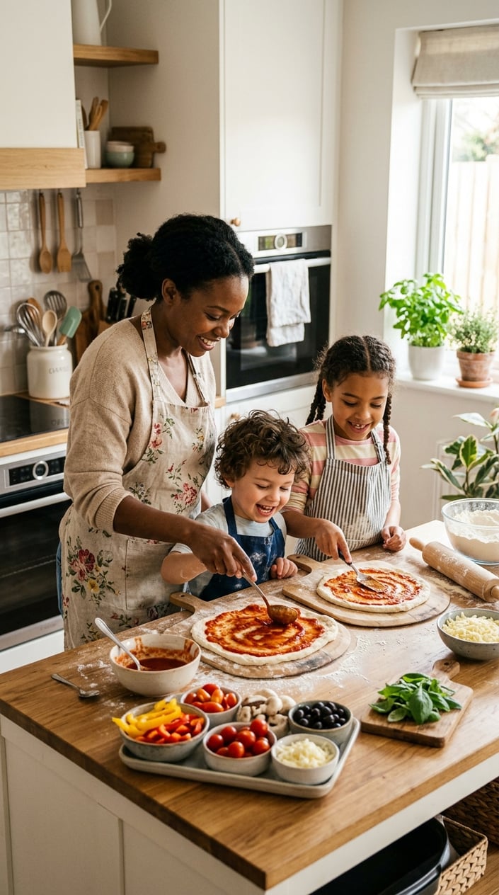 An adult and two children making homemade pizza together in a kitchen, spreading sauce on dough with fresh ingredients around them.