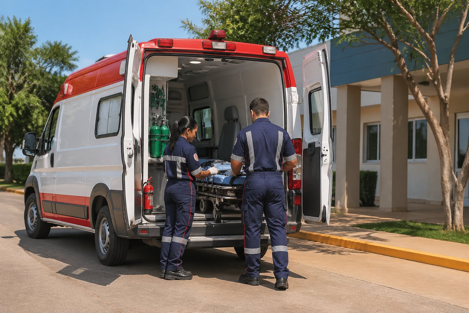 Ambulância moderna estacionada em frente a uma unidade de saúde, com paramédicos em uniforme preparando equipamentos médicos em Mamborê.