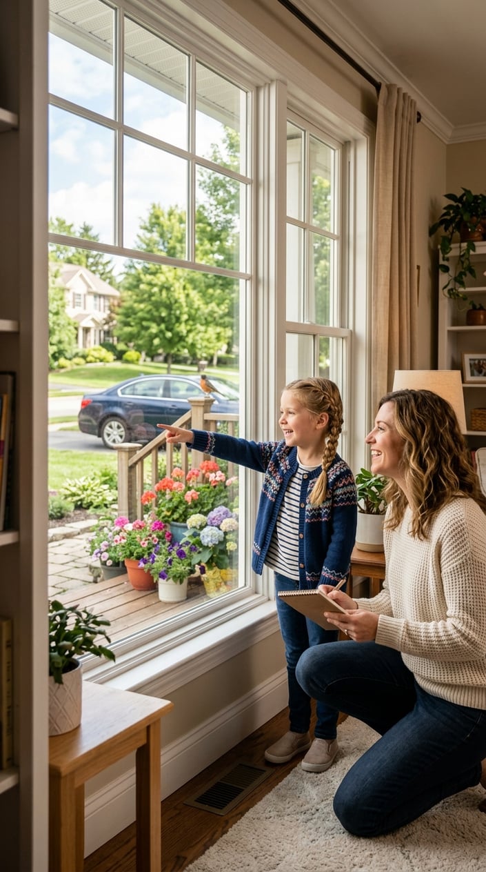 A child and a parent playing an I-spy game by a window, looking outside at a porch with flowers and a parked car.
