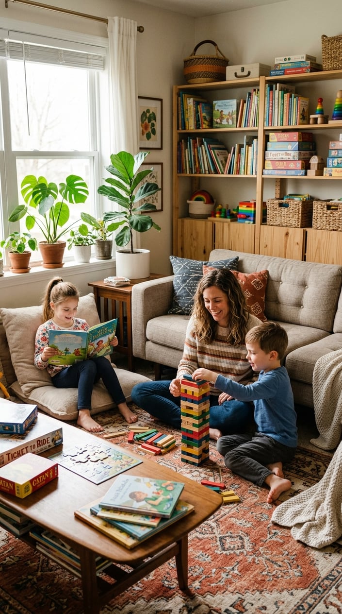 A parent and two children playing with books, puzzles, and building blocks in a bright living room without any screens.