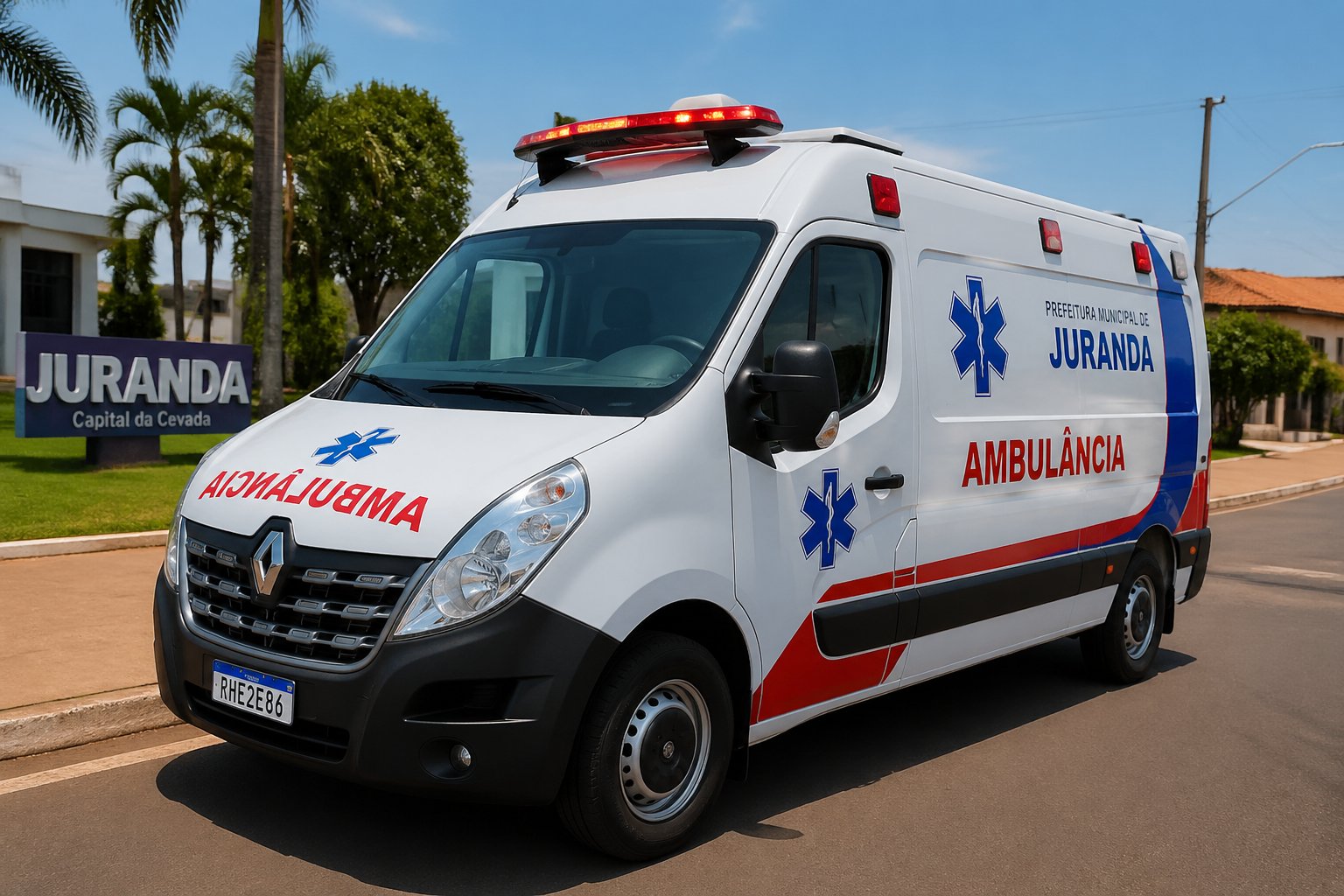 Ambulância moderna estacionada em uma rua limpa durante o dia em Juranda, Brasil, com árvores e prédios ao fundo.