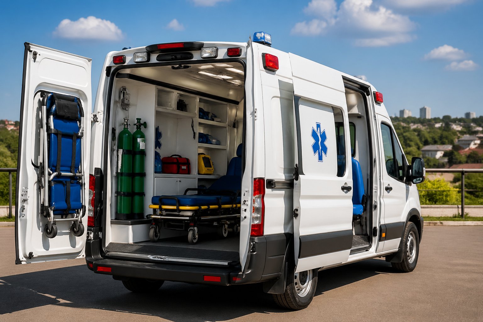 Ambulância moderna estacionada com equipamentos médicos visíveis em um ambiente urbano de Juranda.
