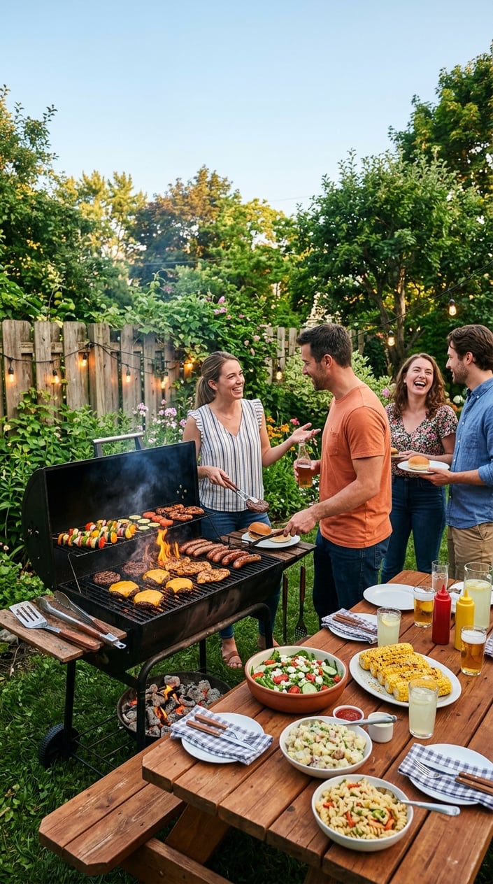 People cooking and enjoying a variety of grilled dinners in a backyard with a grill, picnic tables, and greenery.
