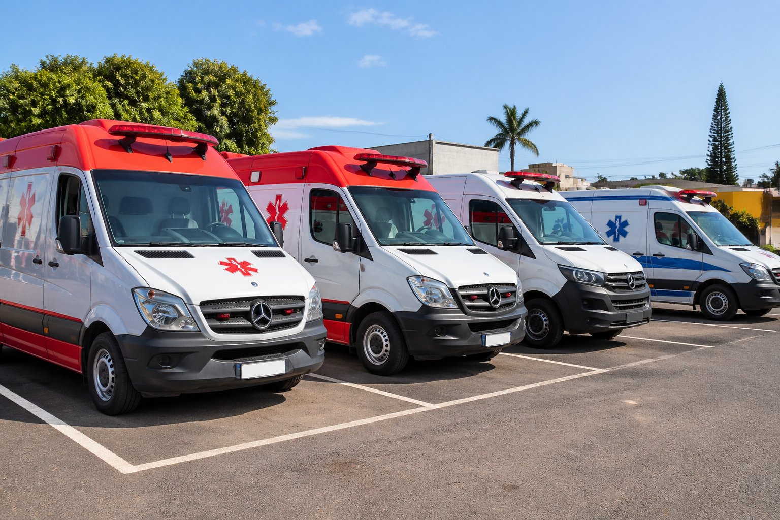Diversos modelos de ambulância estacionados em um local aberto em Iretama, prontos para atendimento de emergência.