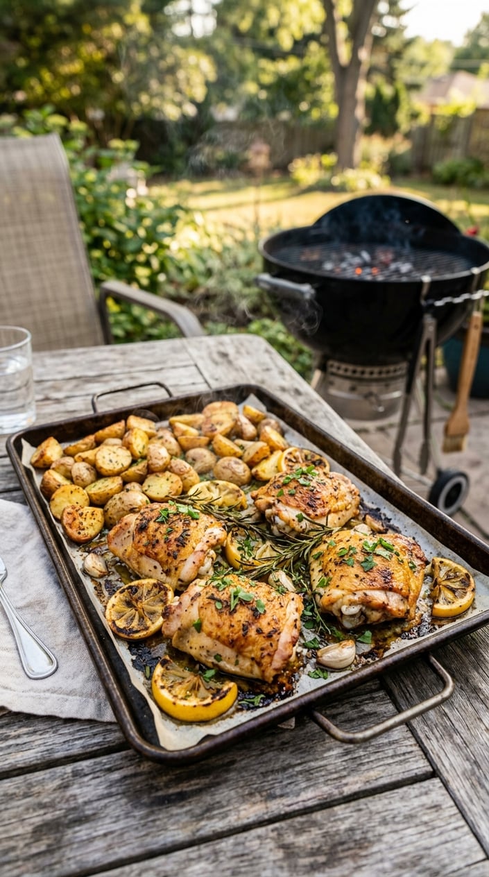 Sheet-pan lemon herb chicken and roasted potatoes on a wooden table outdoors with a backyard grill in the background.