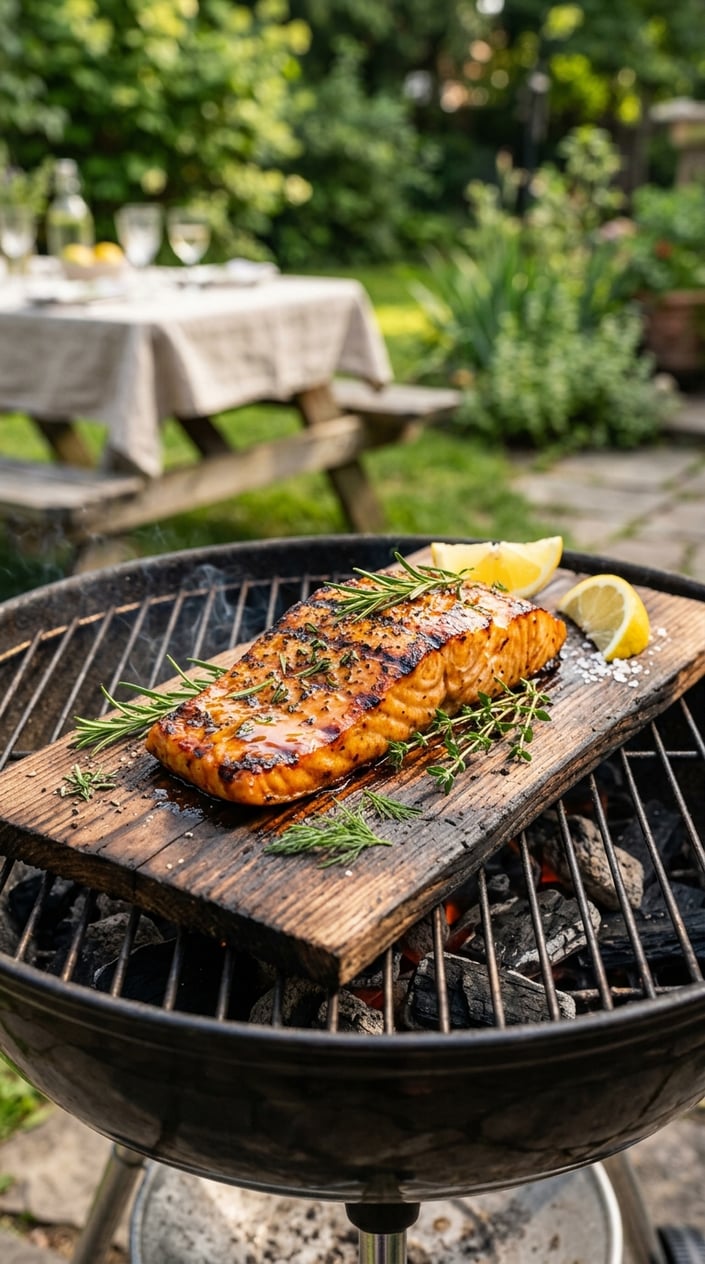 Grilled cedar-plank salmon with maple glaze on a wooden plank over a backyard grill, garnished with herbs and lemon wedges.