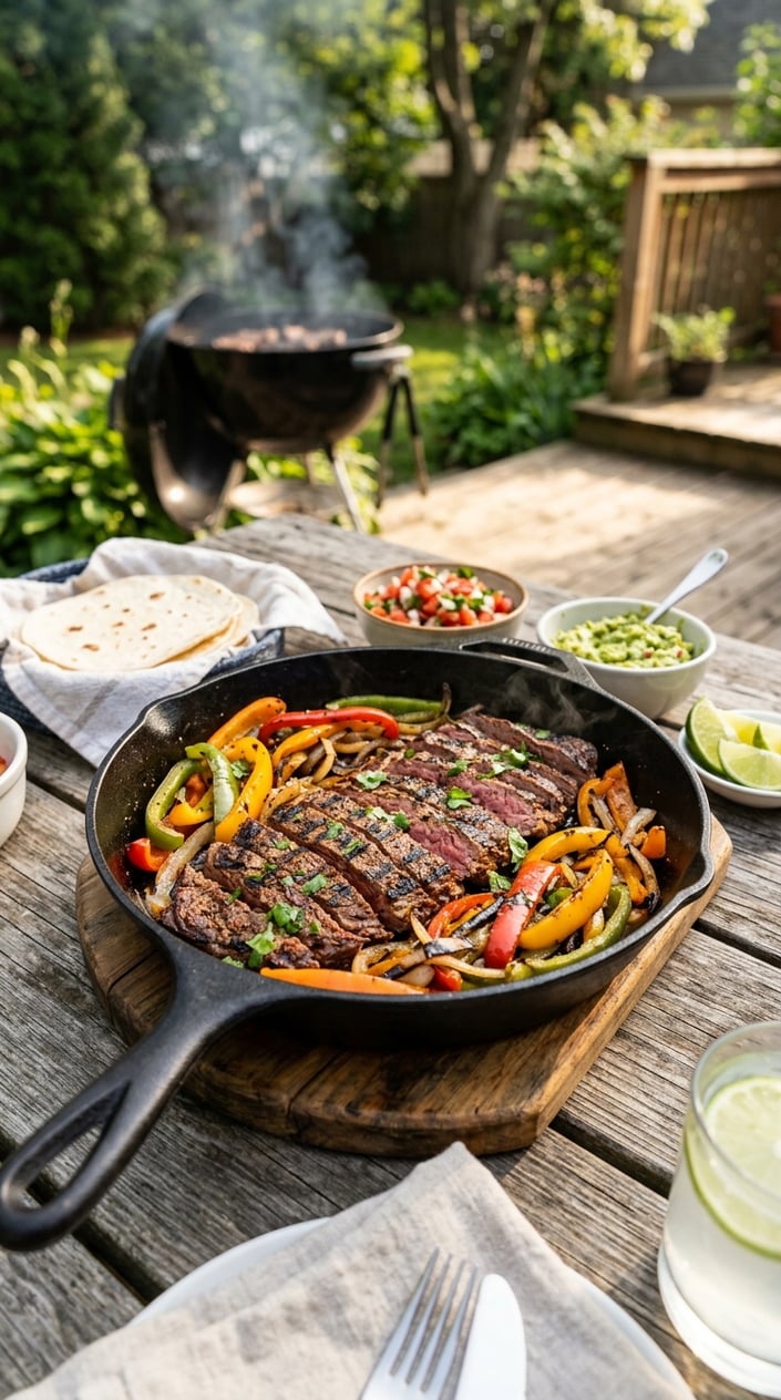 A plate of grilled steak fajitas with charred peppers and onions on a wooden table outdoors.