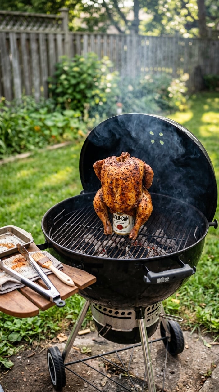 A whole beer-can BBQ chicken cooking upright on a backyard grill with a spice rub, surrounded by grilling tools and a green backyard.