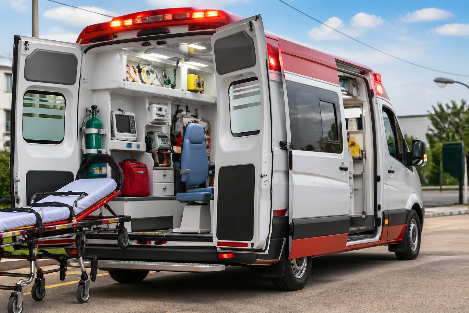Ambulância moderna em Iretama com equipamentos médicos avançados visíveis no interior e exterior.