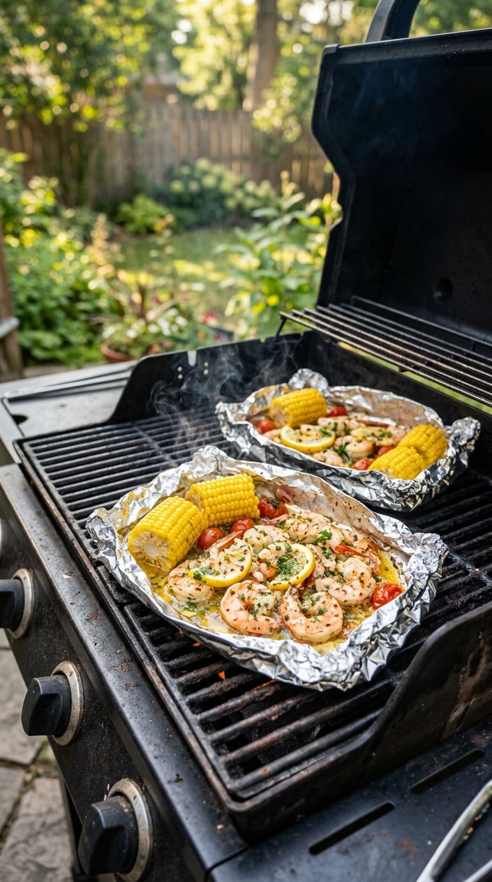 Shrimp and corn cooking in foil packets on a backyard grill outdoors.