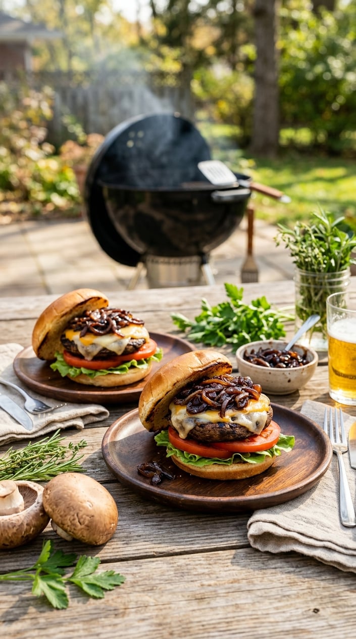 Two grilled portobello mushroom burgers with balsamic onions and fresh vegetables on a wooden table outdoors.