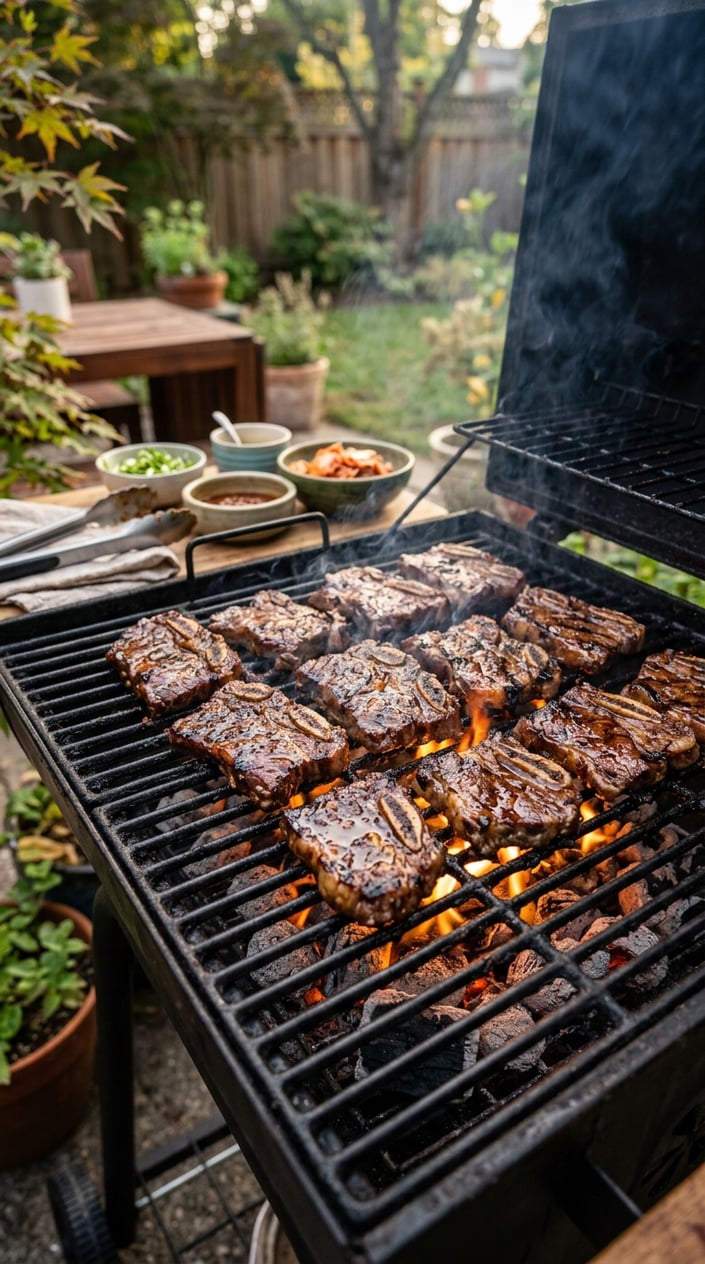 Korean-style short ribs cooking on a hot outdoor grill in a backyard setting.