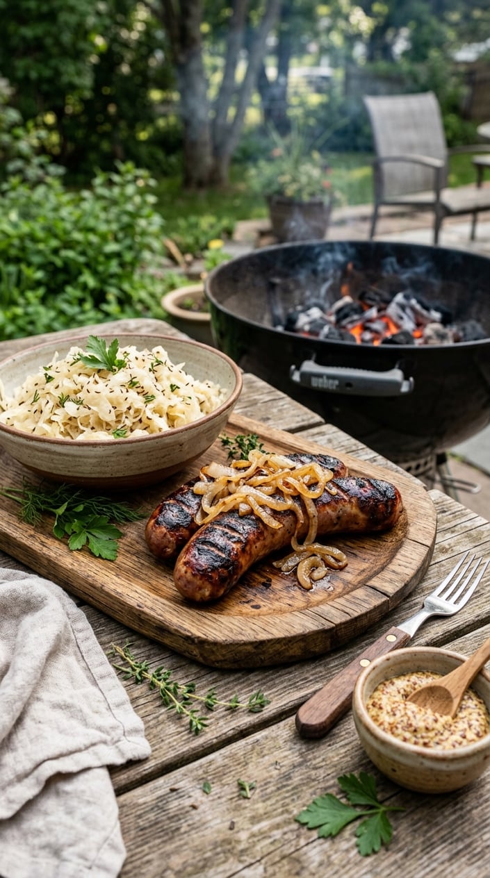 Smoky grilled bratwurst topped with caramelized onions and sauerkraut on a wooden platter, set outdoors near a backyard grill.