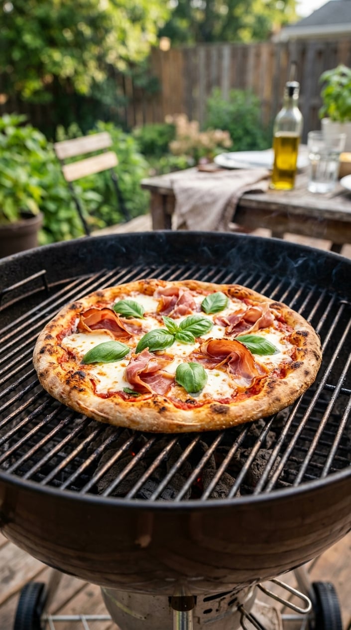 Grilled pizza topped with mozzarella, basil, and prosciutto cooking on a backyard grill outdoors.