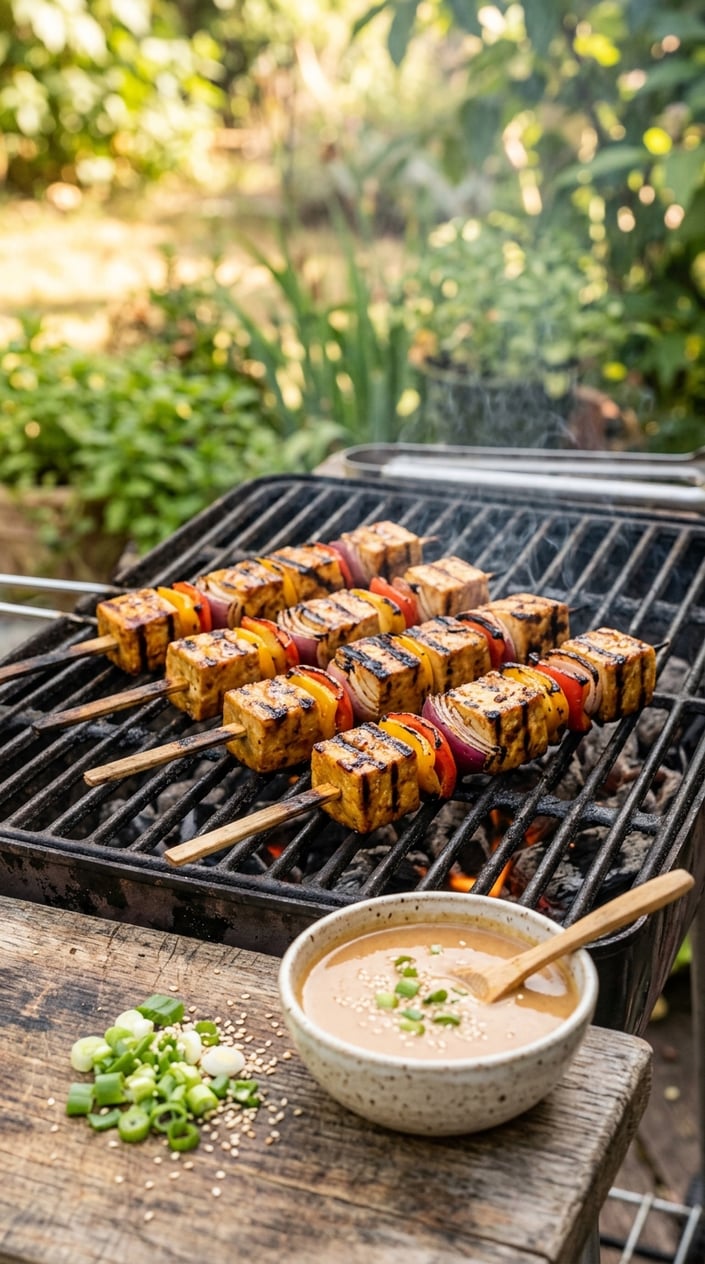 Grilled tofu skewers with vegetables and a bowl of peanut-sesame sauce on an outdoor grill in a backyard setting.