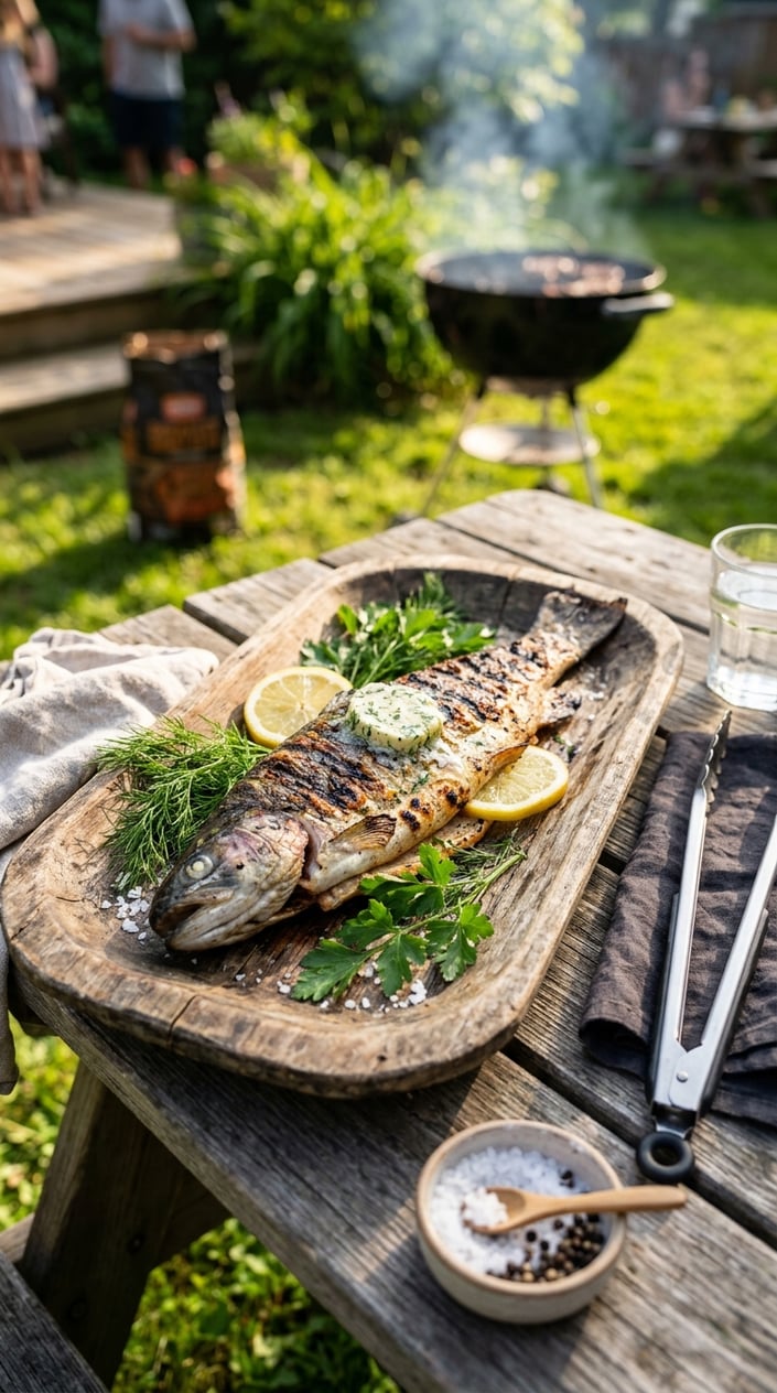 Whole grilled trout garnished with lemon slices, dill, and butter on a wooden platter outdoors.