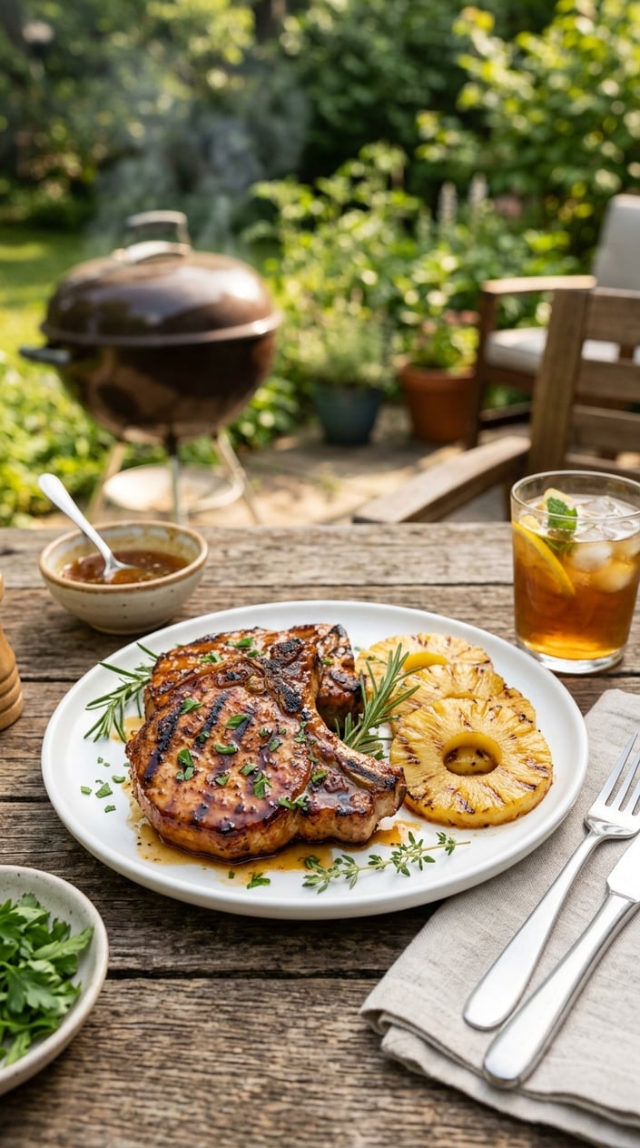 Honey-garlic pork chops with grilled pineapple on a plate set on a wooden table outdoors with a charcoal grill and greenery in the background.