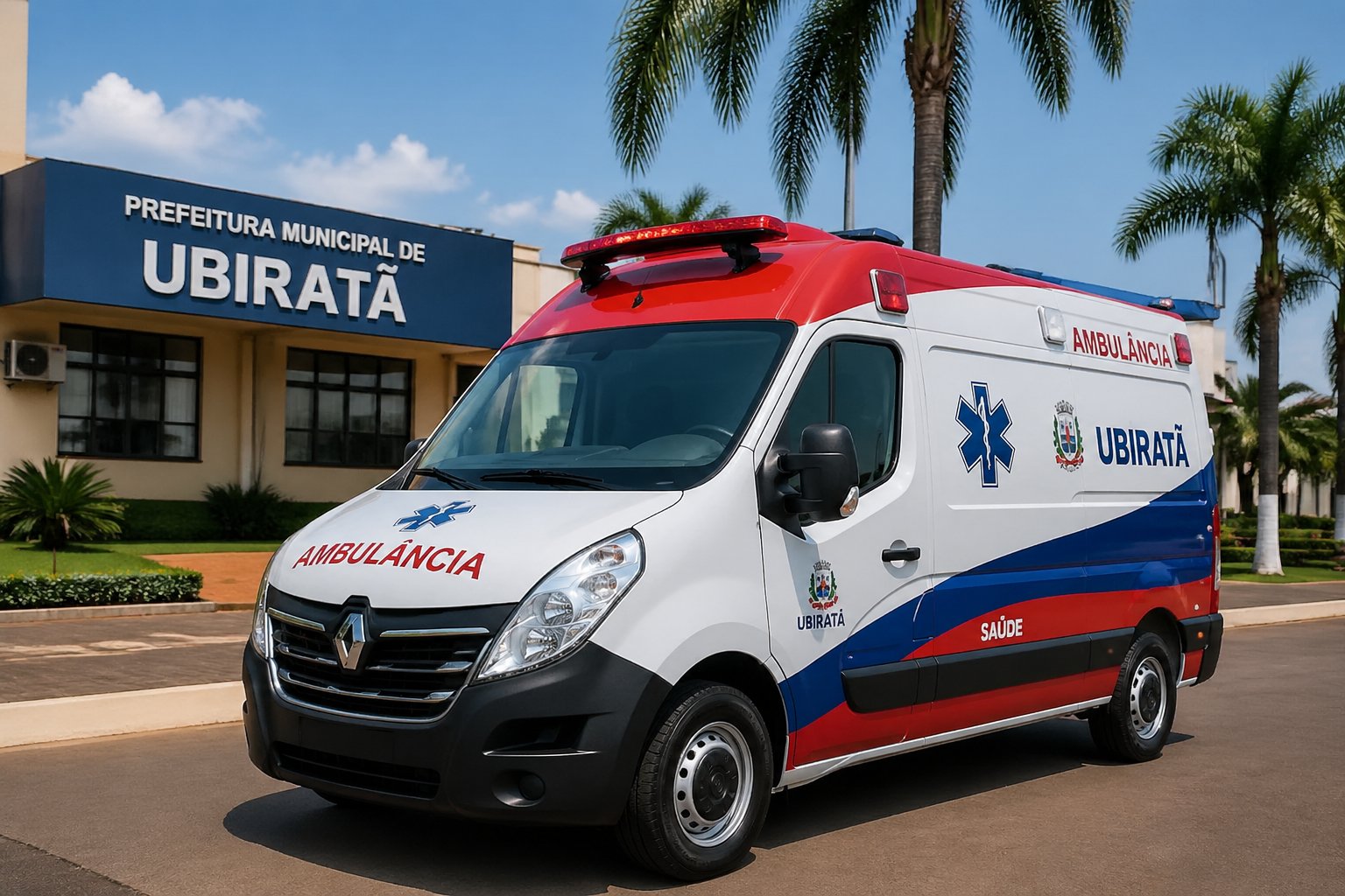 Ambulância moderna estacionada em frente a um prédio público em Ubiratã durante o dia.