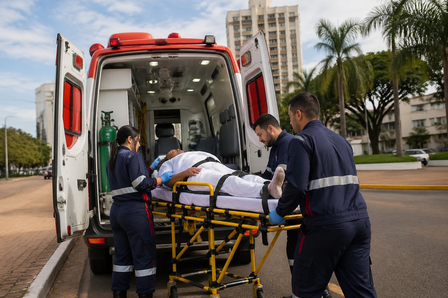 Ambulância estacionada na rua com paramédicos atendendo um paciente em uma maca em Ubiratã.