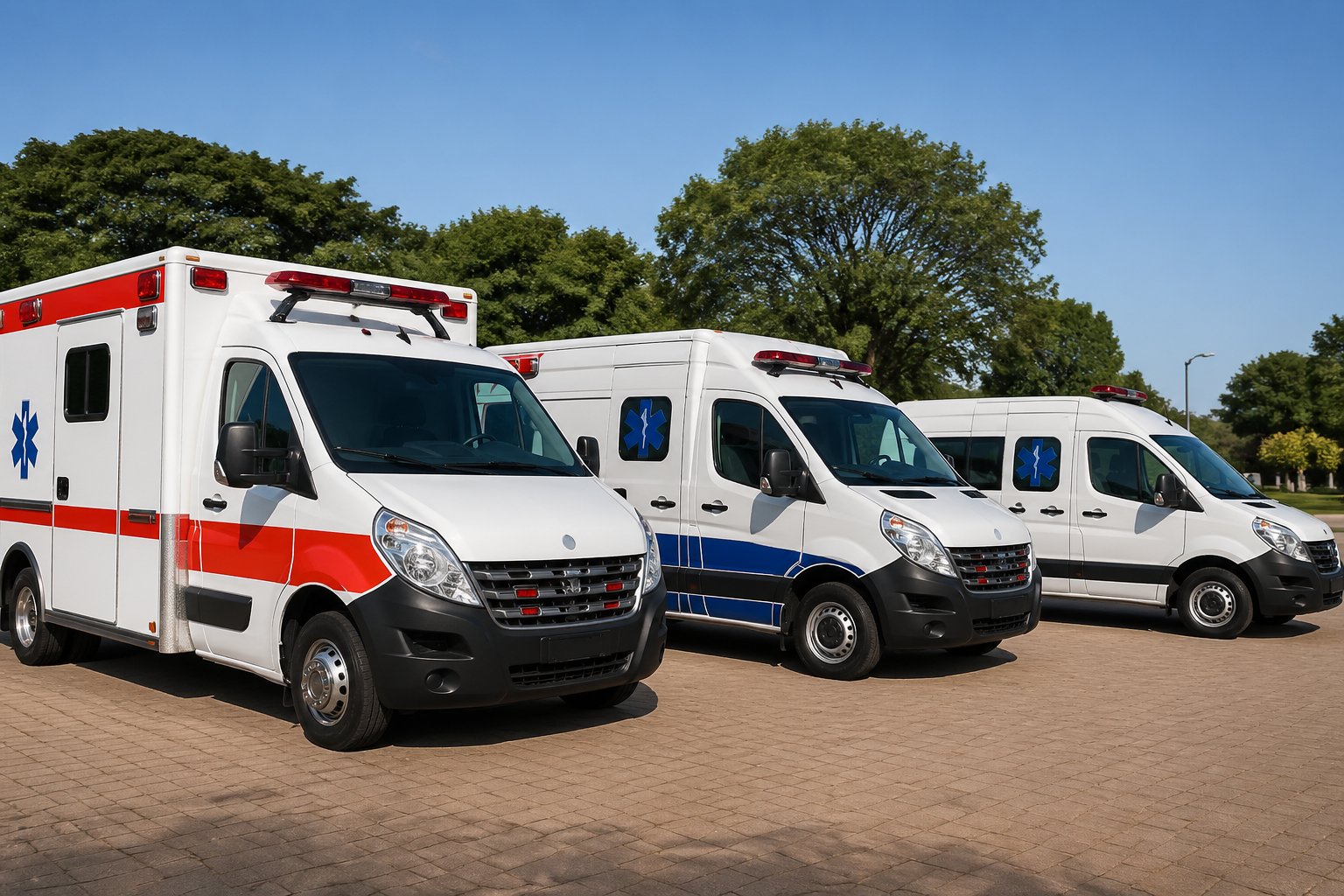 Vários tipos de ambulâncias estacionadas ao ar livre em Roncador, com céu claro e vegetação ao fundo.