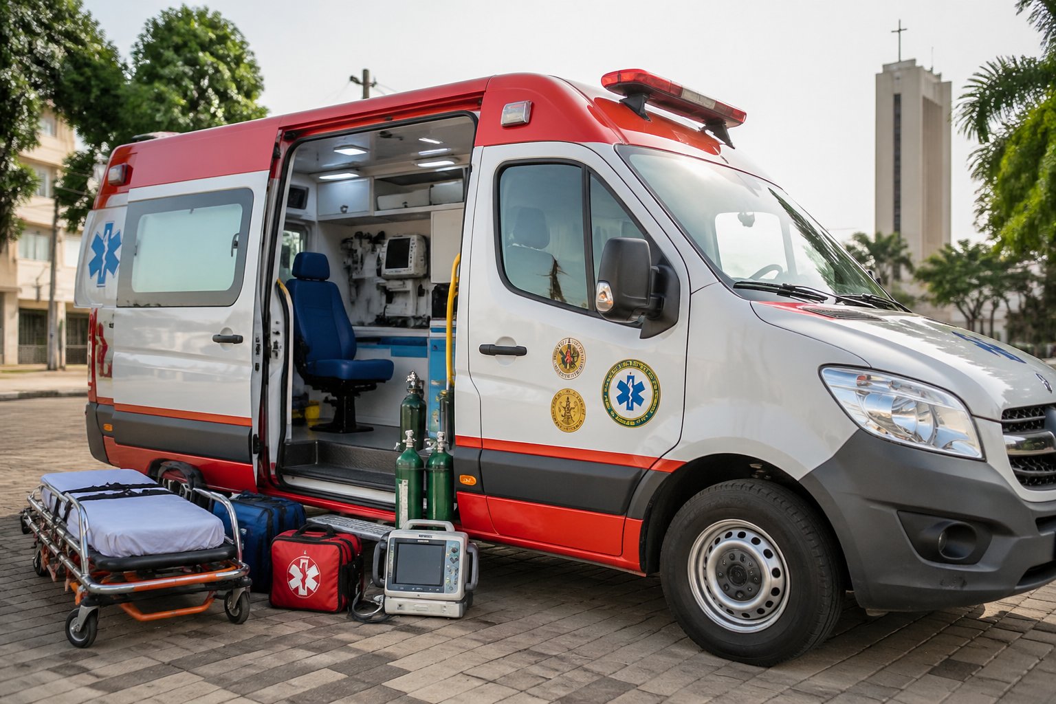 Ambulância equipada estacionada em Roncador com equipamentos médicos visíveis e certificação de segurança.