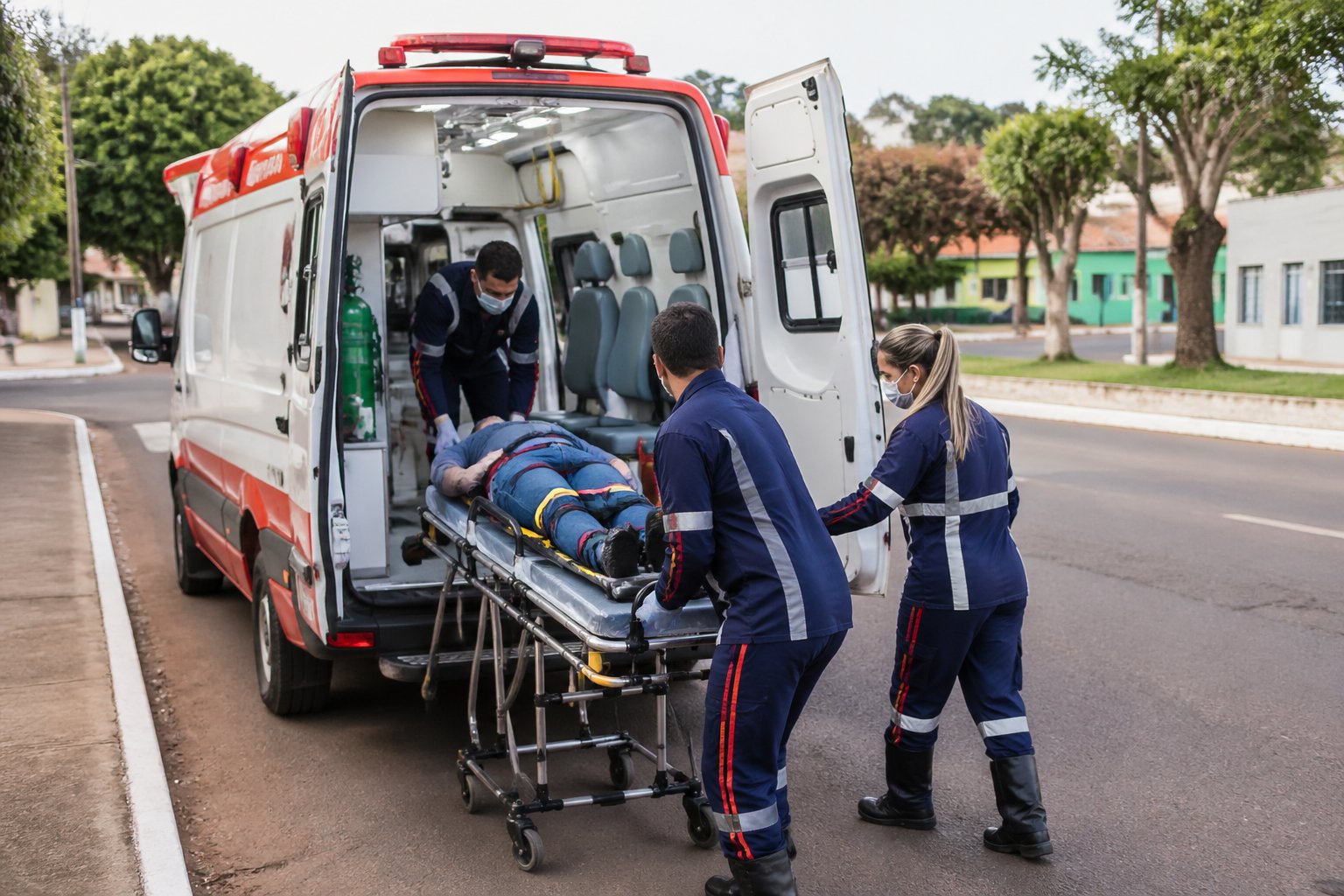 Ambulância em Campina da Lagoa: Serviços de Transporte Médico de Emergência na Região Ambulância estacionada em rua de Campina da Lagoa com paramédicos atendendo um paciente em maca.