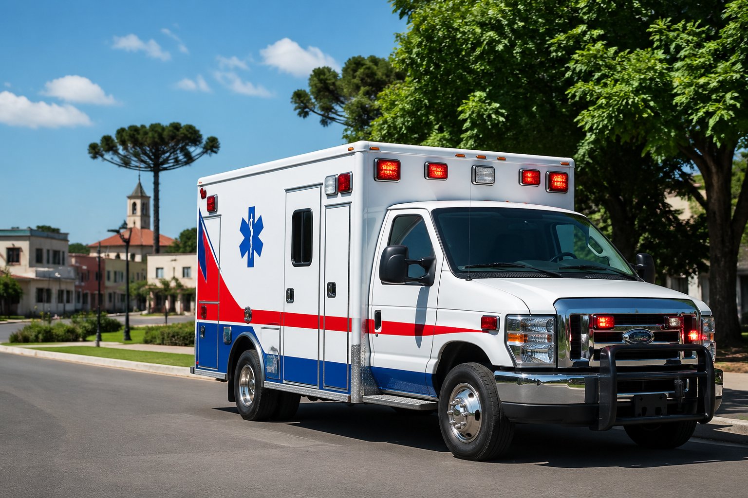 Ambulância em Campina da Lagoa: Serviços de Transporte Médico de Emergência na Região Ambulância moderna estacionada em uma rua limpa de Campina da Lagoa, com árvores e prédios ao fundo.