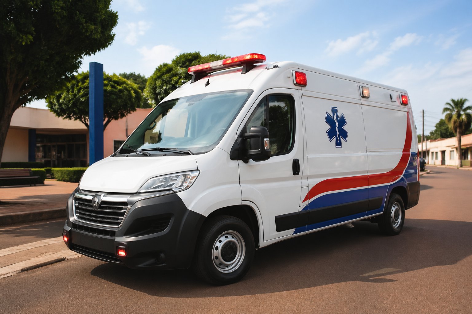 Ambulância estacionada em uma rua limpa de Nova Cantu, com prédios e árvores ao fundo.