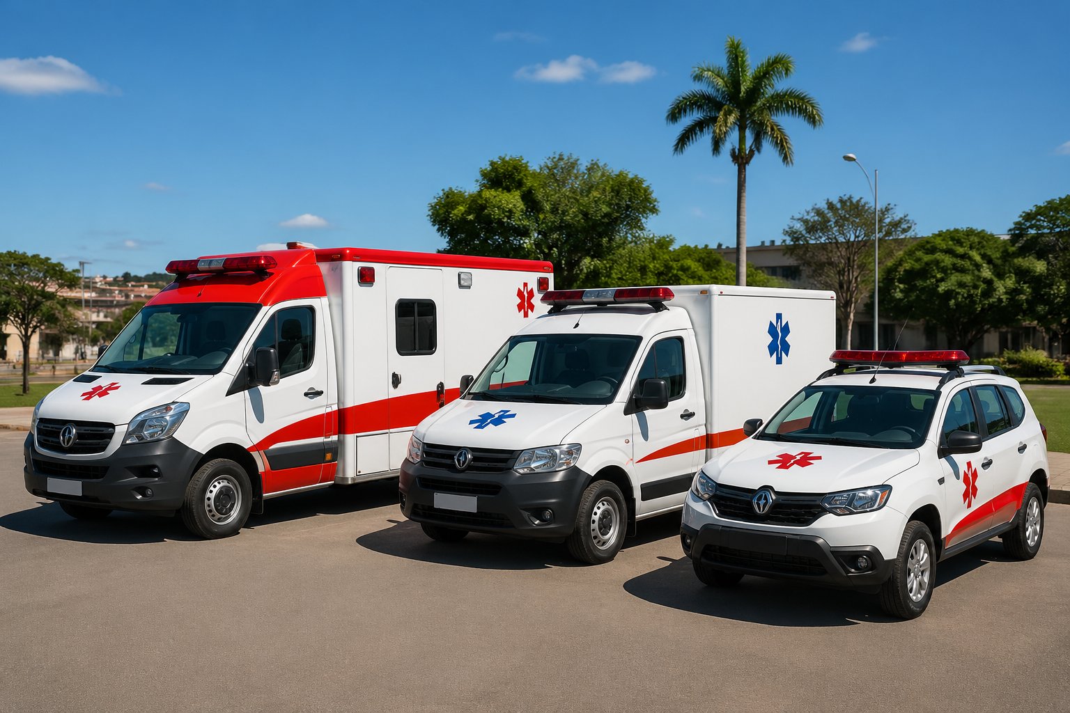 Várias ambulâncias de diferentes tipos estacionadas ao ar livre em Nova Cantu, Brasil.