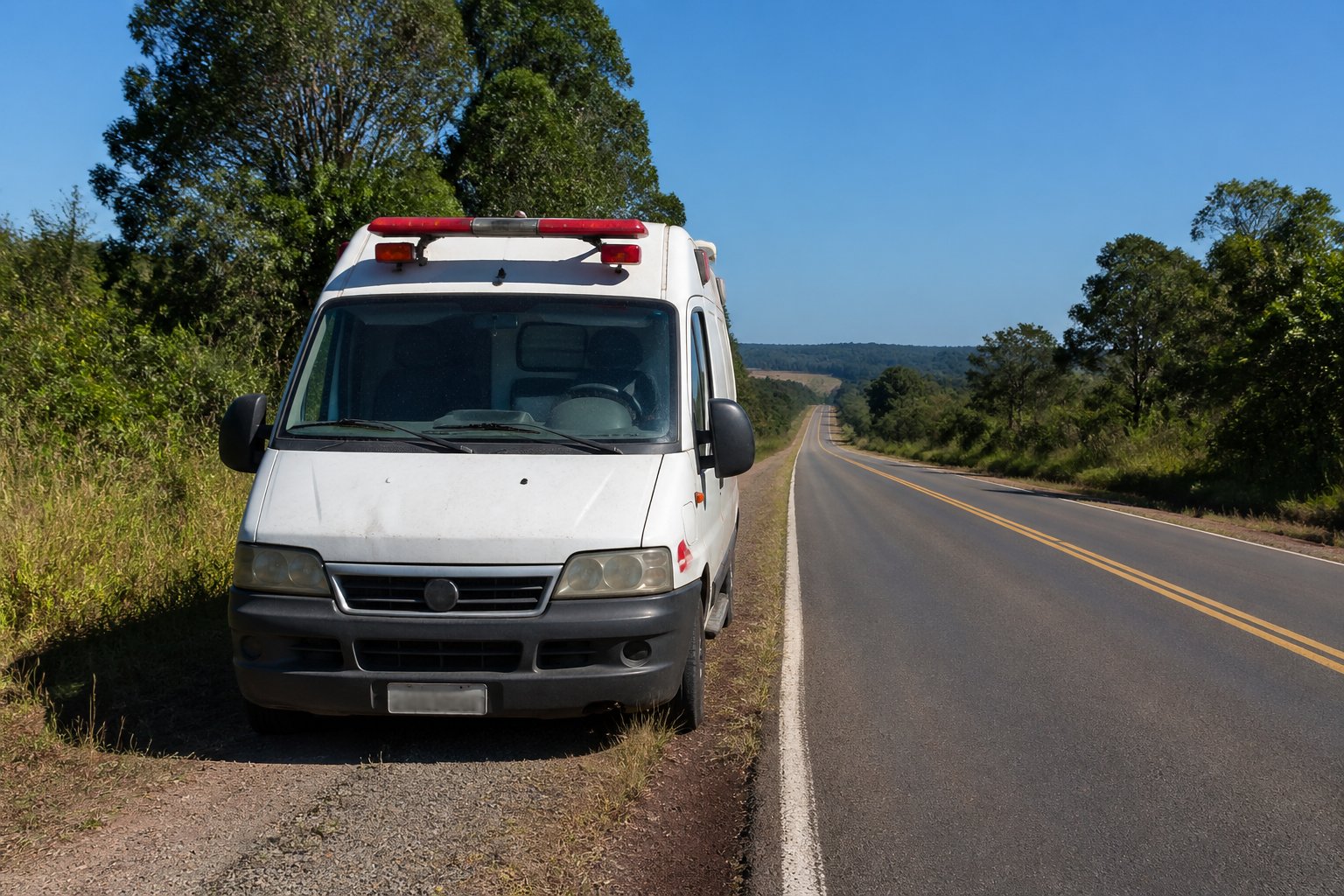 Ambulância parada e abandonada no acostamento de uma rodovia rural cercada por vegetação no Paraná.