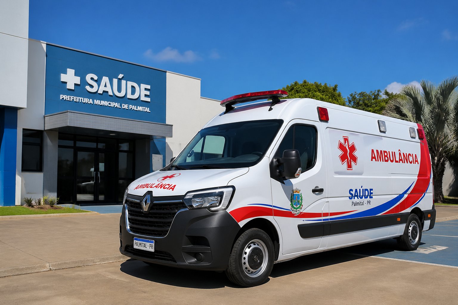 Ambulância nova estacionada em frente a um prédio municipal de saúde em Palmital durante o dia.