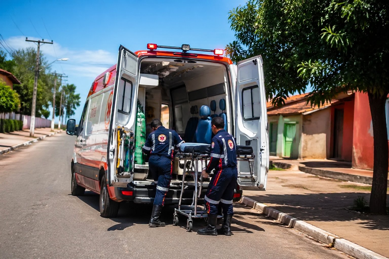 Ambulância estacionada em uma rua ensolarada de Palmital com paramédicos preparando equipamentos próximos à porta traseira aberta.