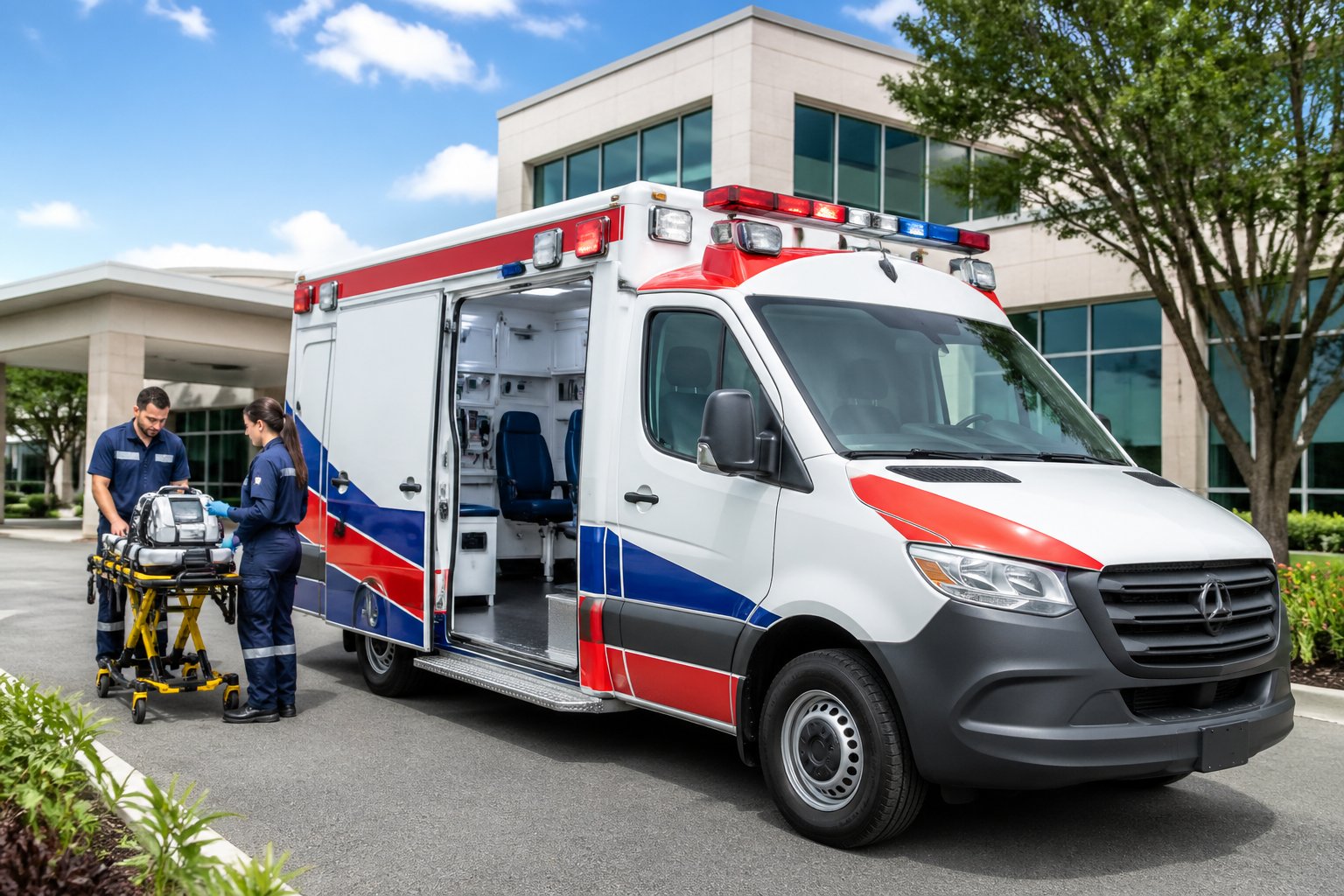 Ambulância moderna estacionada em frente a uma unidade de saúde, com profissionais de saúde preparando equipamentos ao lado.