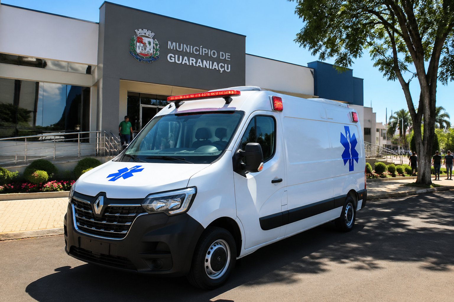 Ambulância moderna estacionada em frente a um prédio municipal em Guaraniaçu durante o dia.