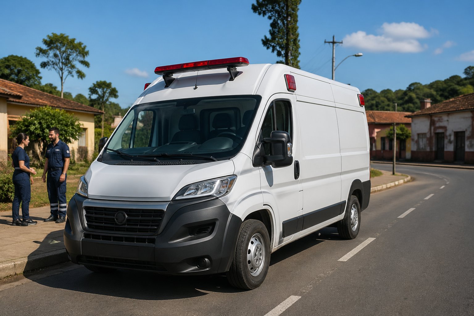 Uma ambulância moderna estacionada em uma rua de cidade pequena em Goioxim, com pessoas ao fundo e ambiente urbano tranquilo.
